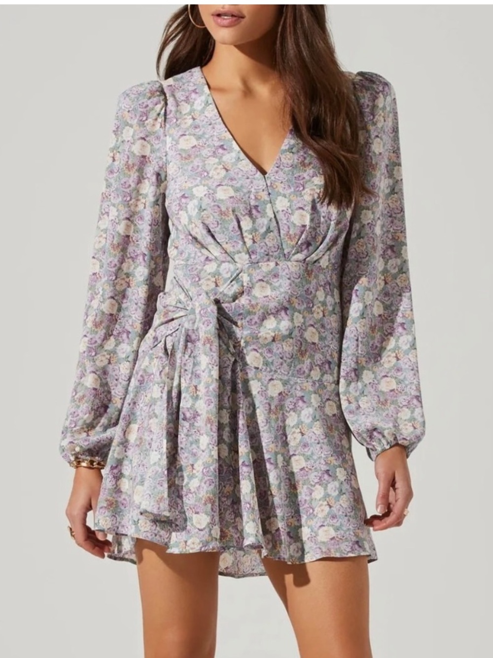 ASTR Floral Long Sleeve Side Tie V Neck Mini Dress Floral V-Neck Mini Dress Size